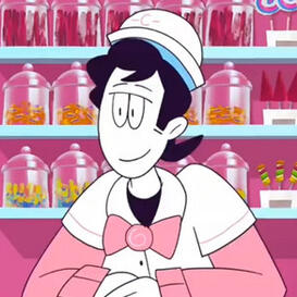 A cartoon man wearing pink and white work clothes leaning on a counter in a candy shop