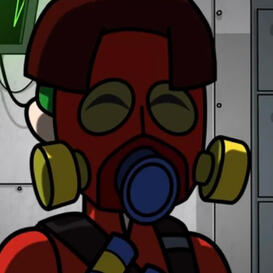 A cartoon man wearing a red, yellow, and blue gas mask