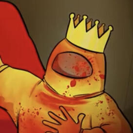 Someone wearing a yellow spacesuit splattered with blood and golden crown gesturing to the side