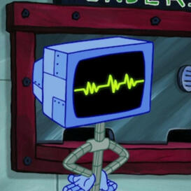 A blue old-fashioned television set with green audio lines displayed on the screen. She has a skinny robotic body with her hands on her hips.