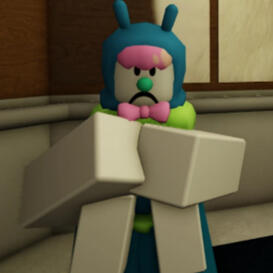 A Roblox avatar of a blue, pink, green, and white anthropomorphized caterpillar with a frowning clown face.