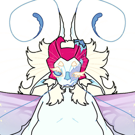 A fairy with white skin, pink horns, long whiskers, and purple wings