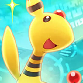 A yellow creature with black stripes, a long neck, and red orbs on its forehead and tip of its tail smiling and holding up an arm.