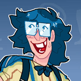 A man with long blue hair wearing glasses, a yellow button-up, and a blue bowtie smiling anxiously