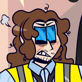 A scruffy man with long curly brown hair wearing glasses, a baby blue button-up, and yellow safety vest looking frustrated