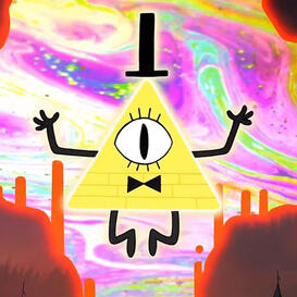 A yellow glowing 2D pyramid with one eye and a black bow tie and top hat