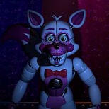 An animatronic of a pink-and-white anthropomorphic fox wearing a red bowtie