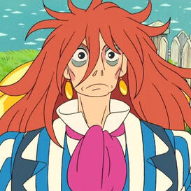 An anime-styled drawing of an older man with long red hair wearing a blue-and-white striped suit and pink cravat frowning at the camera