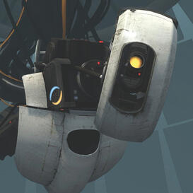 A white-and-black robot with a singular glowing yellow eye suspended from the ceiling by wires