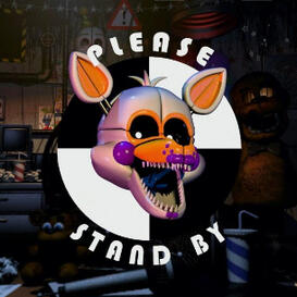 The floating head of an animatronic of an anthropomorphic white, orange, and purple fox with the text "please stand by" surrounding it