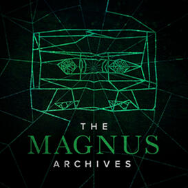 A cassette stylized to seem as though it is made out of bright green webs with eyes in the middle, the text "The Magnus Archives" below it.