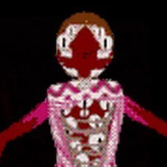 A humanoid with short brown hair and four eyes with his face opened in half both vertically and horizontally and an open chest full of eyes wearing a white-and-pink striped sweater