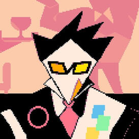 A black-and-white birdlike humanoid wearing orange and yellow glasses and a black-and-white suit with red, blue, green, and yellow geometric patterns on it