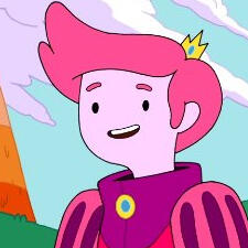 A humanoid with pink skin and short hot pink hair wearing purple clothes of royalty and a gold crown smiling