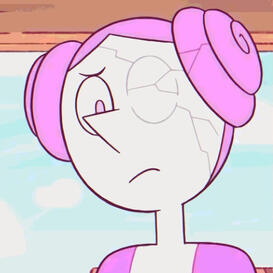 A pinkish humanoid with curly buns on each side of her head looking at the camera concerned