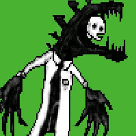 A humanoid wearing a white lab coat with a big monster-like jaw with a humanoid face inside