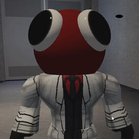 A humanoid with a red orb-shaped head with large eyes on each side wearing a white labcoat