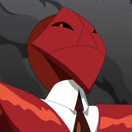 A humanoid/bug-like figure wearing a red mask and suit leering at the camera