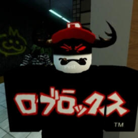 A cartoon drawing of a Roblox Guest with a shadow cast over the top of its head, glowing red eyes, and beetle horns and palps looking at the camera and squinting angrily