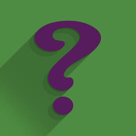 A purple question mark against a green background