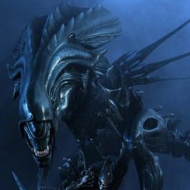 A shiny black insectoid alien with spikes and a large crest