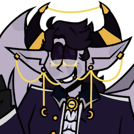 A purple-skinned humanoid with horns and all-black eyes wearing gold jewelry and a long black coat grinning