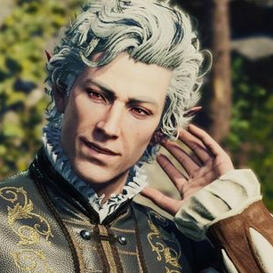 A pale half-elf vampire with swept-back silver hair wearing formal clothes and holding up a hand near to his ear