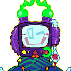 A blue humanoid creature with a purple TV for a head and green antennae winking and smiling