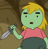 A humanoid with green skin and a blond mullet wearing a pink t-shirt and holding up a knife