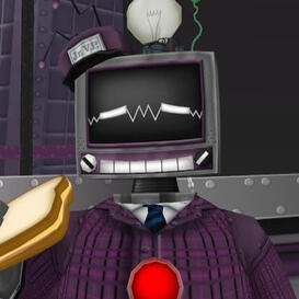 A humanoid with a TV for a head wearing a purple suit and eating a sandwich