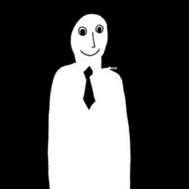 A simple white silhouette of a body with a smiling face and black tie