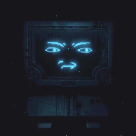 A robot with a screen for a face looking to the side and scowling